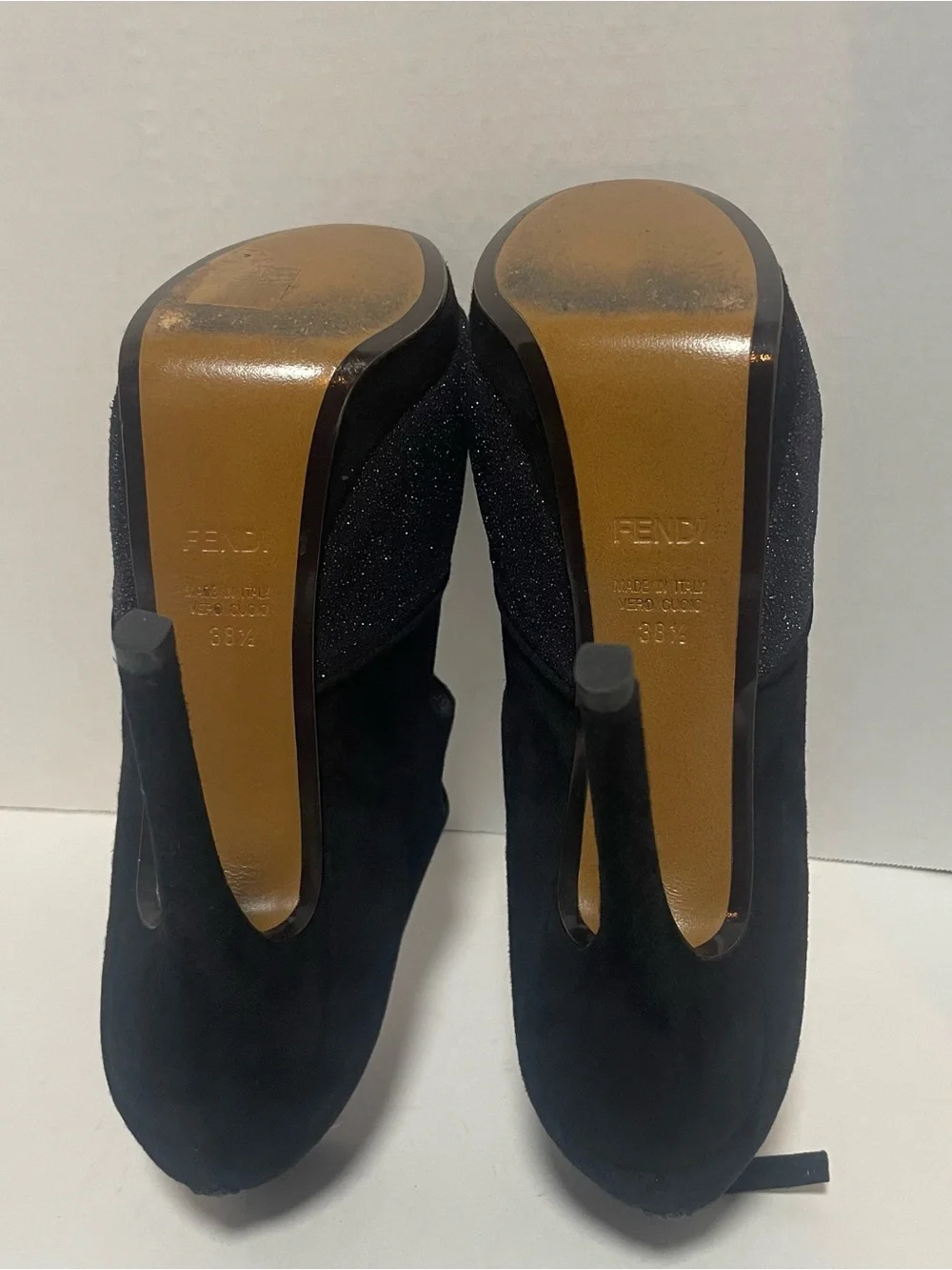 Fendi Black Suede Glitter Peep Toe Platform Booties EU 38.5